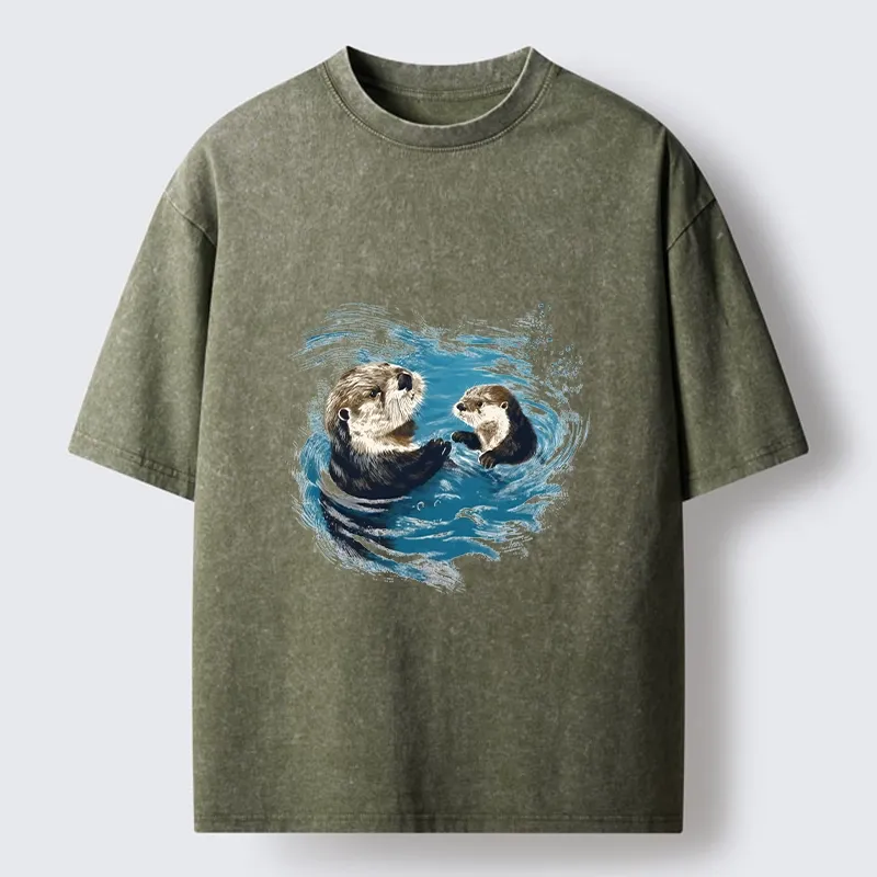Tokyo-Tiger Meme Cute Otter Pair In Water Washed T-Shirt