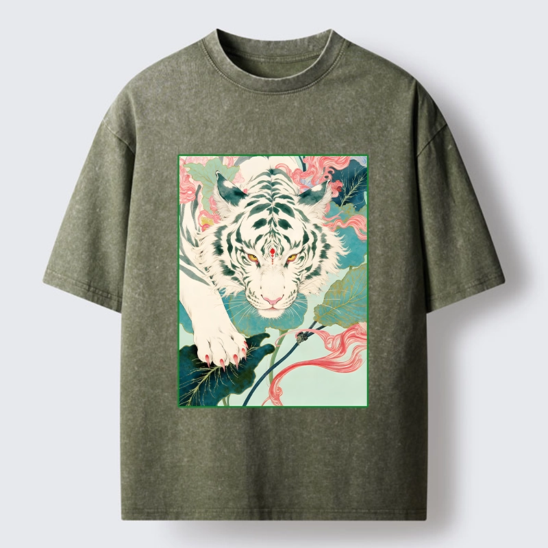 Tokyo-Tiger Oriental White Tiger Art Washed T-Shirt