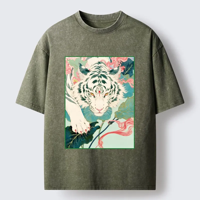 Tokyo-Tiger Oriental White Tiger Art Washed T-Shirt