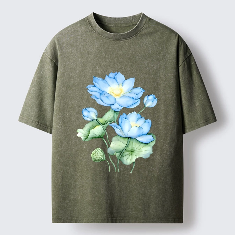 Tokyo-Tiger Calm Blue Water Lily Vibes Washed T-Shirt Sale