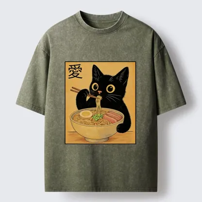 Tokyo-Tiger Cute Cat Eating Ramen Meme Washed T-Shirt