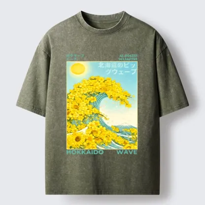 Tokyo-Tiger Sunny Yellow Flower Wave Art Washed T-Shirt