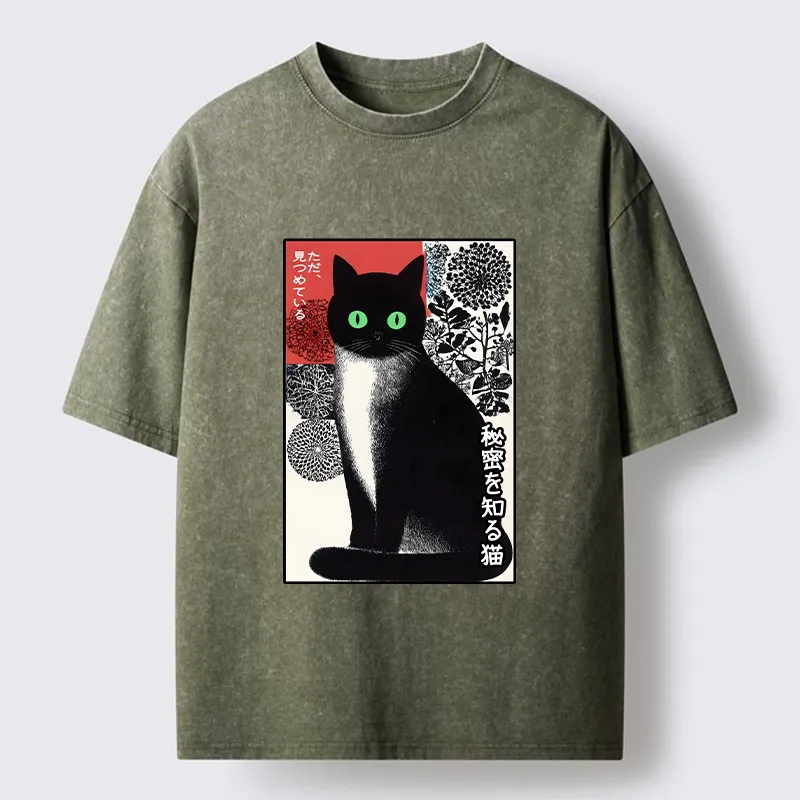 Tokyo-Tiger Japanese Style Secret Cat Meme Washed T-Shirt
