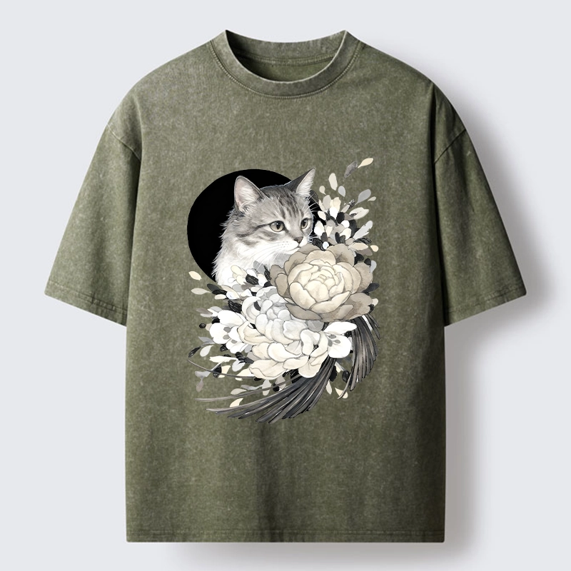 Tokyo-Tiger Graceful Cat In Floral Bouquet Washed T-Shirt