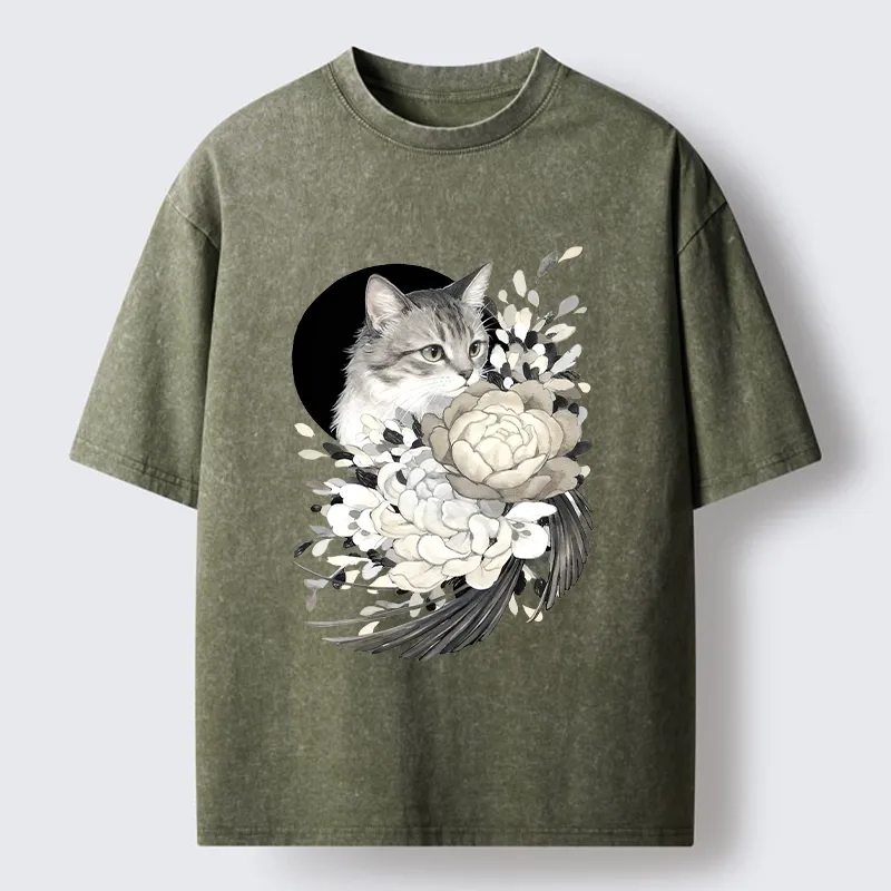 Tokyo-Tiger Graceful Cat In Floral Bouquet Washed T-Shirt