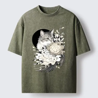 Tokyo-Tiger Graceful Cat In Floral Bouquet Washed T-Shirt