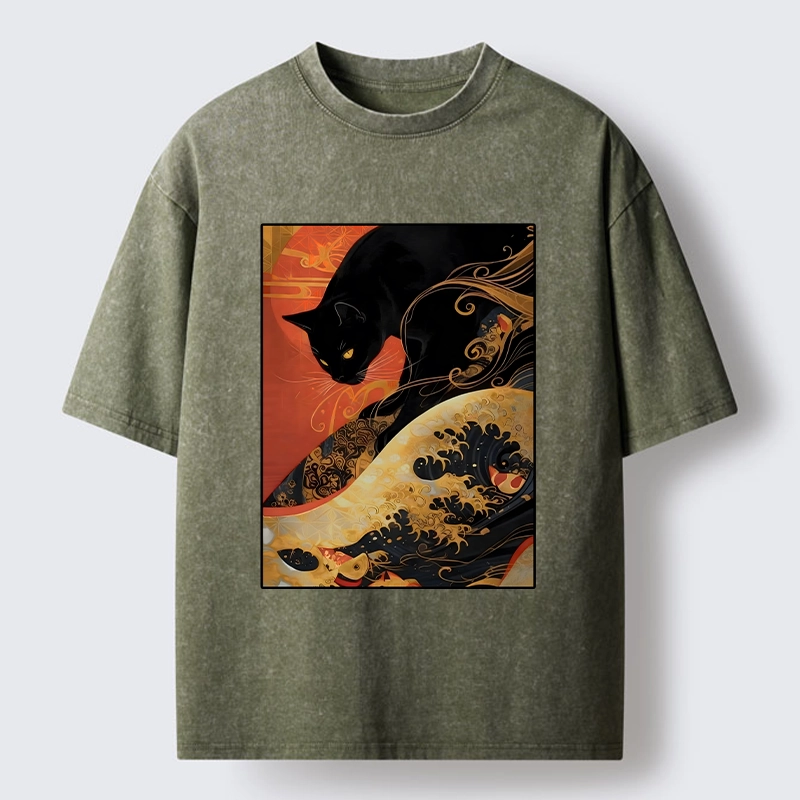 Tokyo-Tiger Japanese Style Black Cat Washed T-Shirt