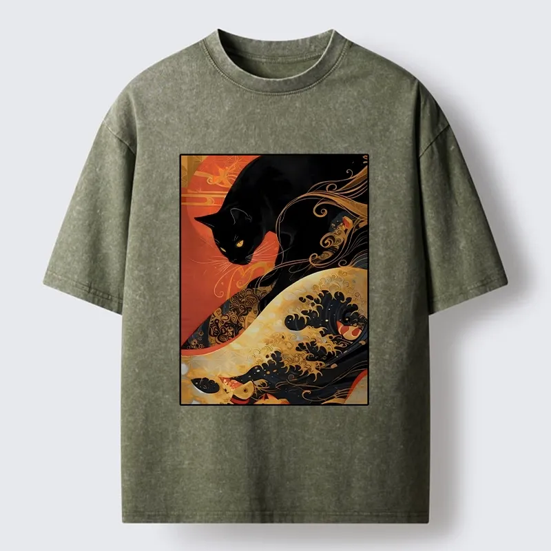 Tokyo-Tiger Japanese Style Black Cat Washed T-Shirt