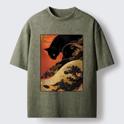 Tokyo-Tiger Japanese Style Black Cat Washed T-Shirt