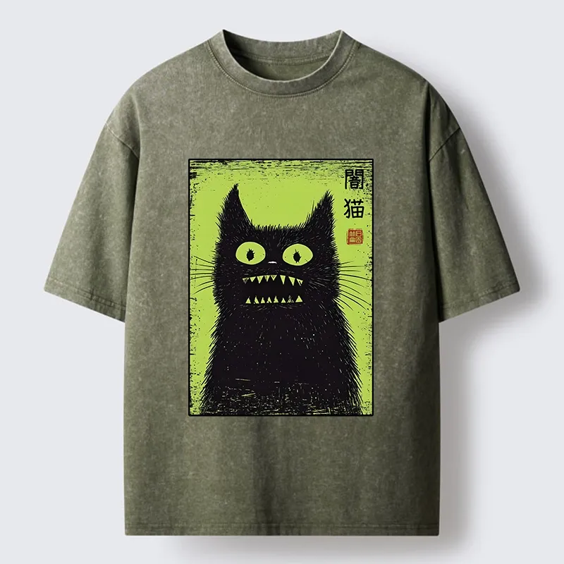 Tokyo-Tiger Spooky Black Cat Japanese Washed T-Shirt