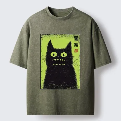 Tokyo-Tiger Spooky Black Cat Japanese Washed T-Shirt