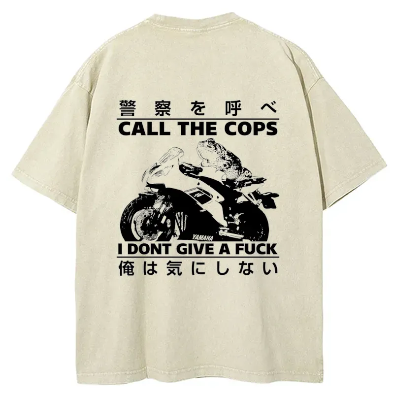 Tokyo-Tiger Funny Frog Riding A Motorcycle Back Washed T-Shirt