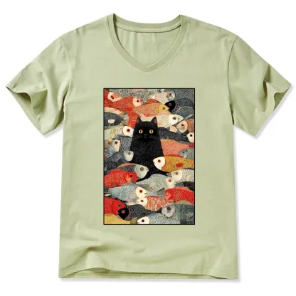 Tokyo-Tiger Cats And Fish V-Neck Classic T-Shirt