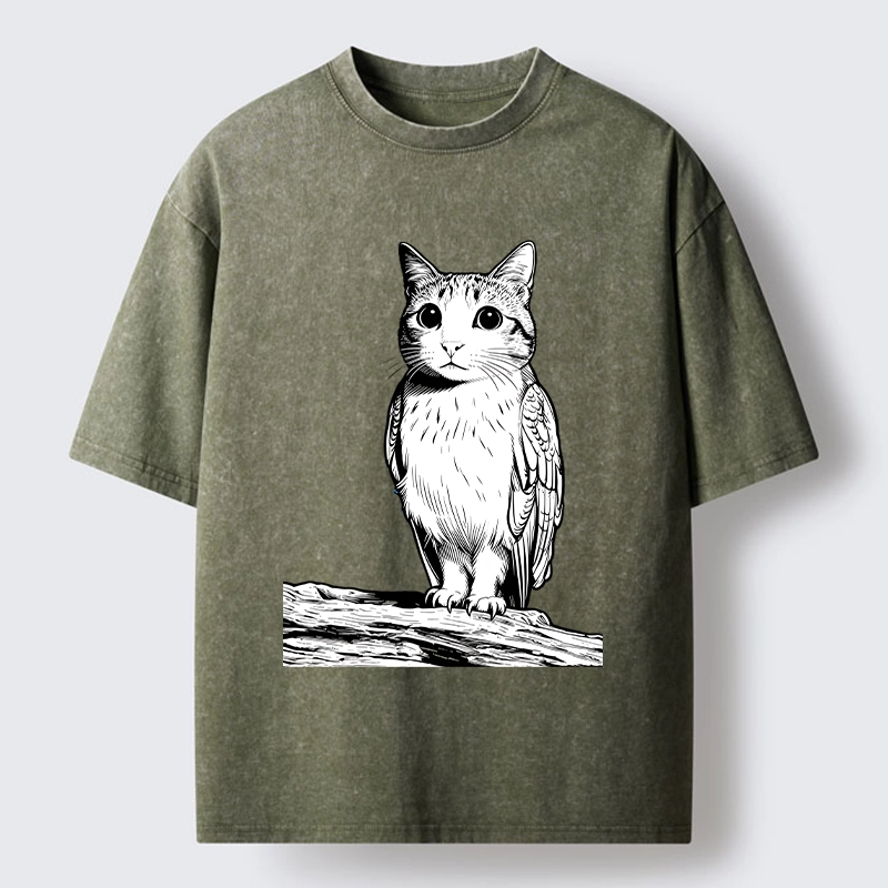Tokyo-Tiger Funny Cat Owl Fusion Art Washed T-Shirt