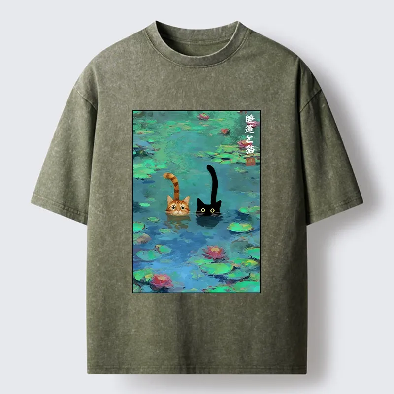 Tokyo-Tiger Funny Cats Swimming In Lilies Washed T-Shirt