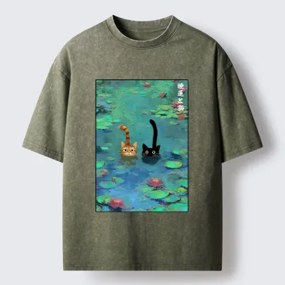 Tokyo-Tiger Funny Cats Swimming In Lilies Washed T-Shirt