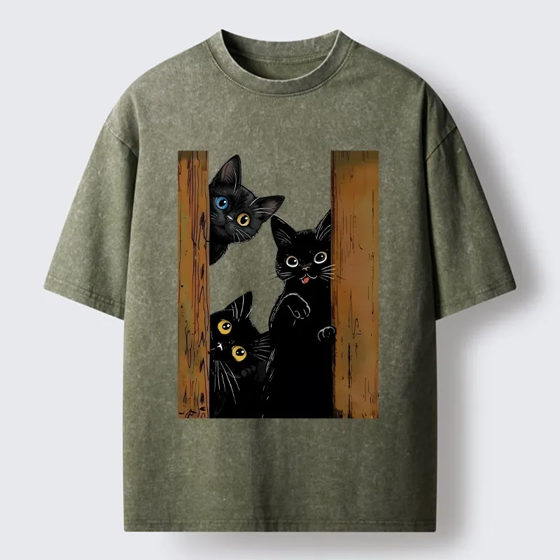Tokyo-Tiger Funny Cats Spying On You Washed T-Shirt