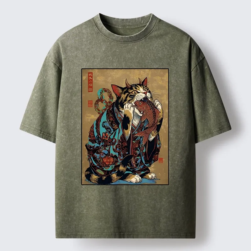 Tokyo-Tiger Samurai Cat Eating Fish Washed T-Shirt