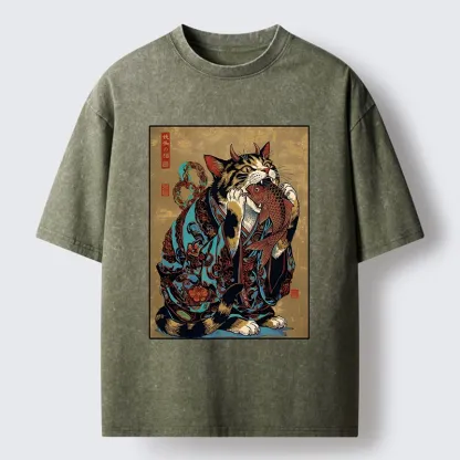 Tokyo-Tiger Samurai Cat Eating Fish Washed T-Shirt