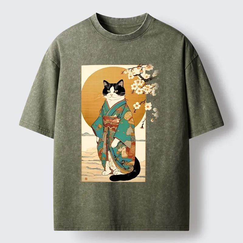 Tokyo-Tiger Elegant Cat In Traditional Kimono Washed T-Shirt