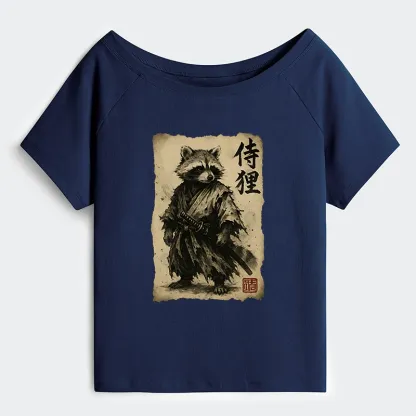 Tokyo-Tiger Retro Raccoon Samurai Off Shoulder T-Shirt