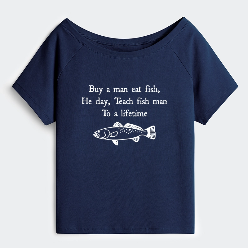 Tokyo-Tiger Man Eat Fish Meme Off Shoulder T-Shirt