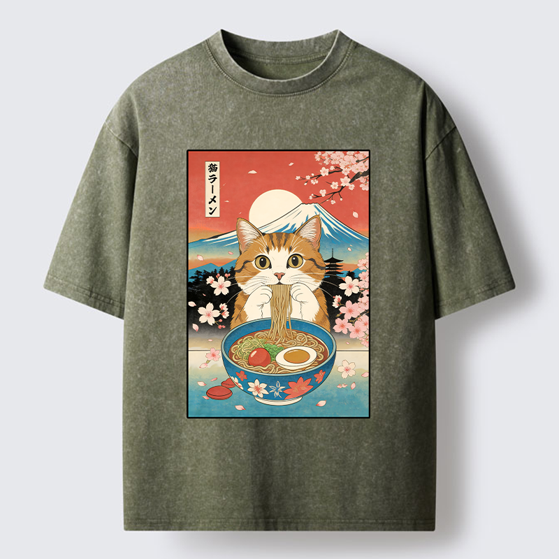 Tokyo-Tiger Orange Cat Eating Ramen Washed T-Shirt