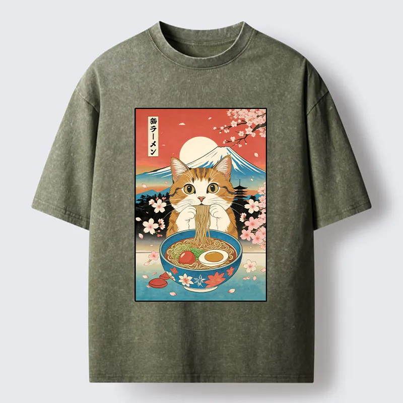 Tokyo-Tiger Orange Cat Eating Ramen Washed T-Shirt