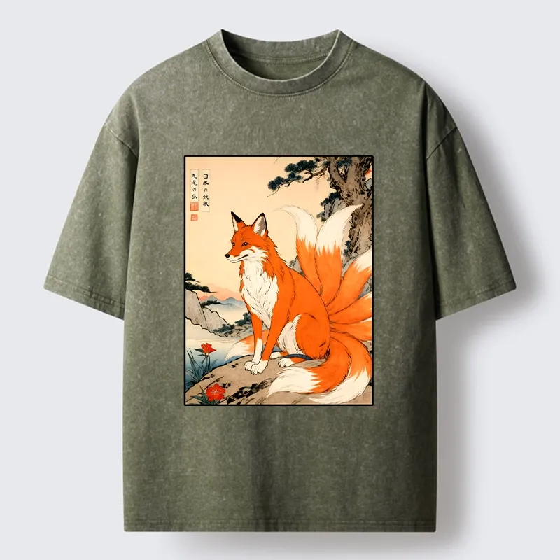 Tokyo-Tiger Mystical Nine Tails Fox Washed T-Shirt