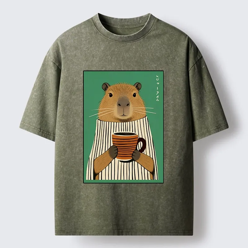 Tokyo-Tiger Capybara Coffee Time Washed T-Shirt