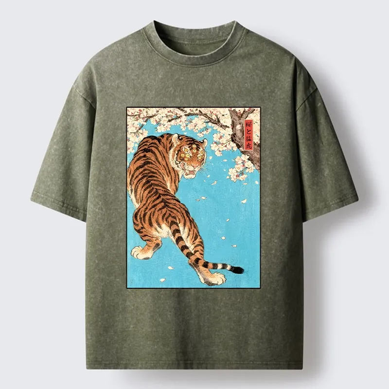 Tokyo-Tiger Fierce Tiger And Sakura Petals Washed T-Shirt