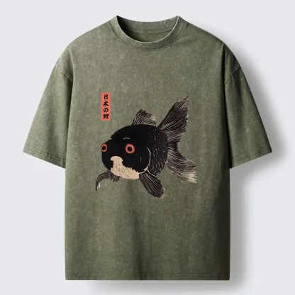 Tokyo-Tiger Japanese Black Goldfish Art Washed T-Shirt