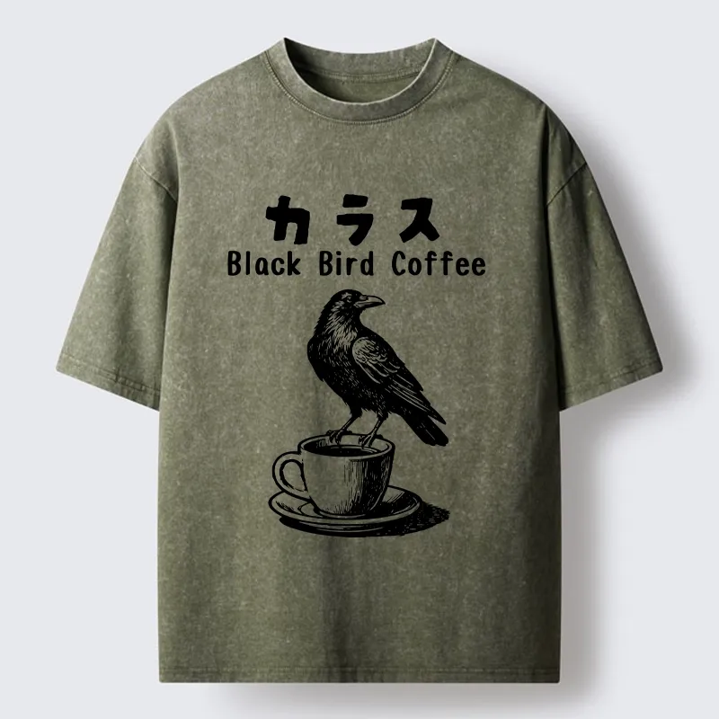 Tokyo-Tiger Black Bird Coffee Break Meme Washed T-Shirt
