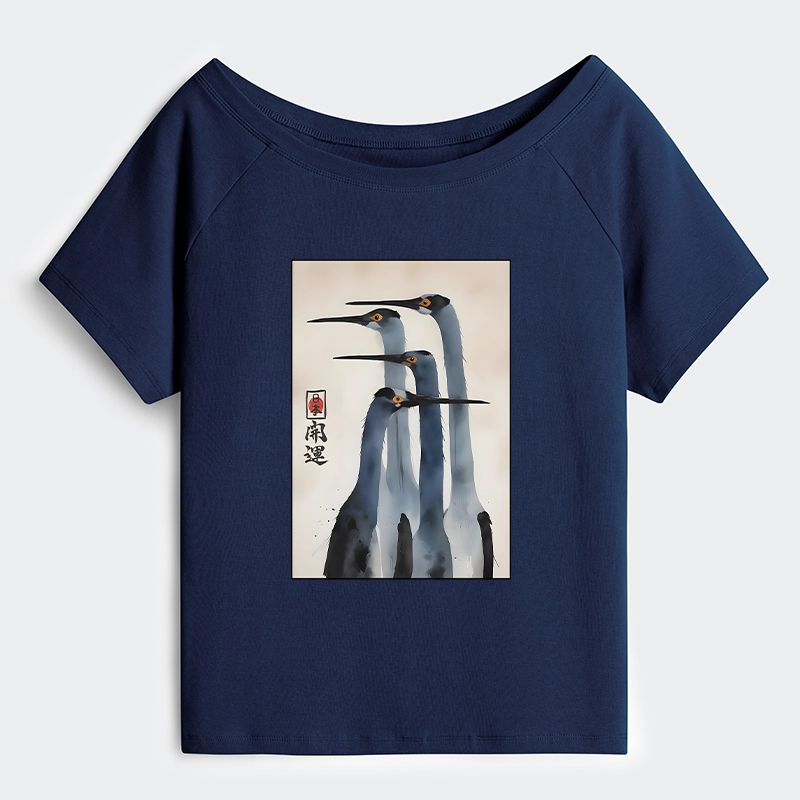 Tokyo-Tiger Retro Sandhill Crane Off Shoulder T-Shirt