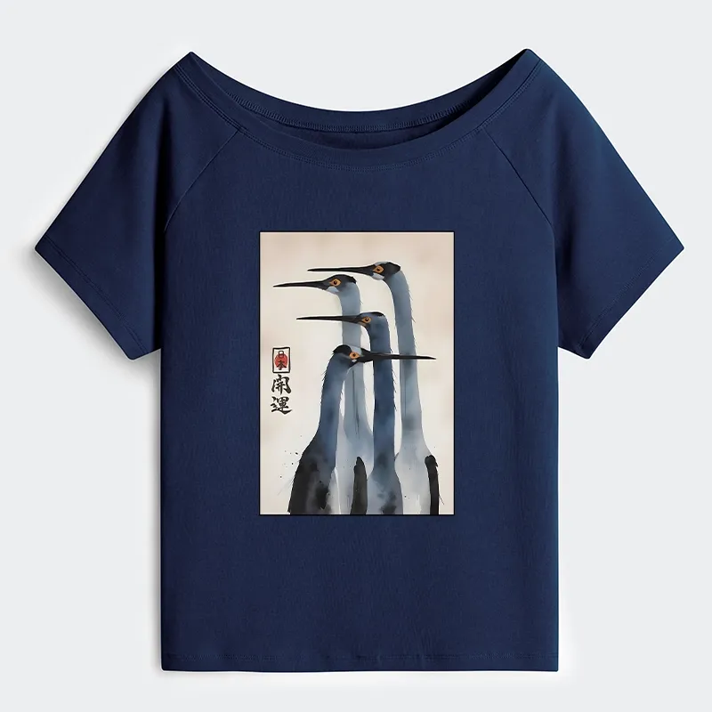 Tokyo-Tiger Retro Sandhill Crane Off Shoulder T-Shirt