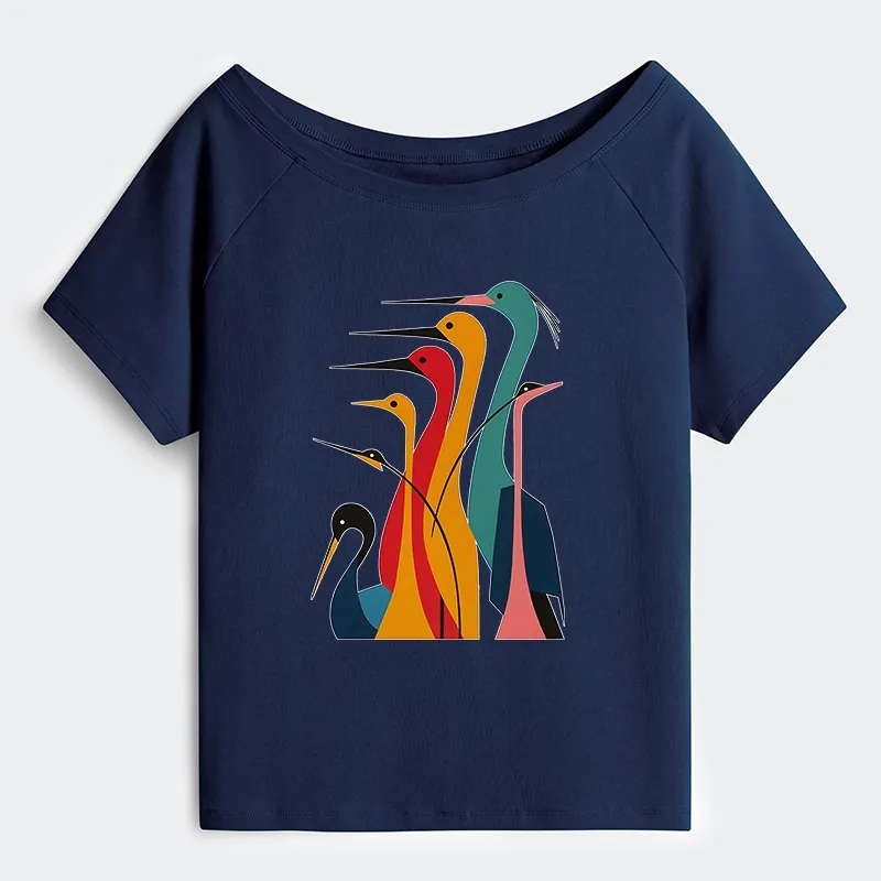 Tokyo-Tiger  Various Types Of Cranes Off Shoulder T-Shirt