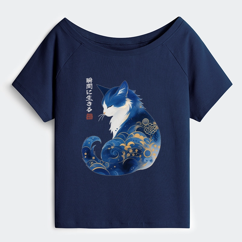 Tokyo-Tiger Retro Zen Cat: Living the Present Off Shoulder T-Shirt