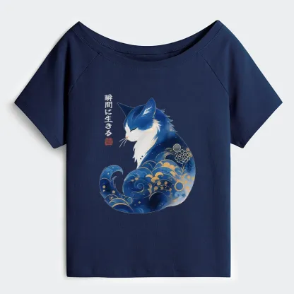 Tokyo-Tiger Retro Zen Cat: Living the Present Off Shoulder T-Shirt