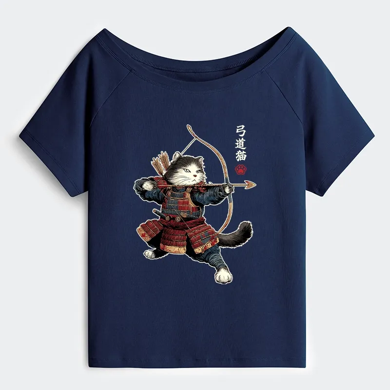 Tokyo-Tiger Kyudo Samurai Cat Off Shoulder T-Shirt
