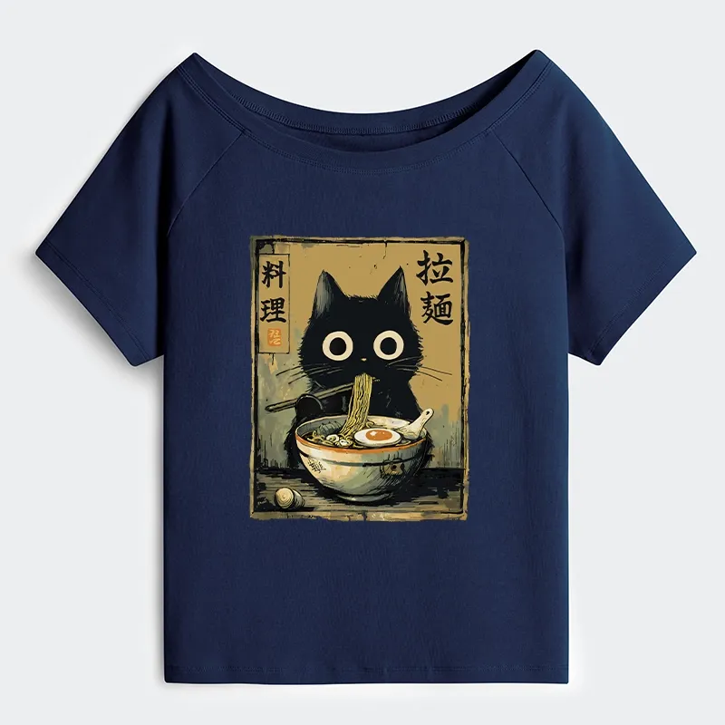 Tokyo-Tiger Cute Black Cat Eating Ramen Japan Off Shoulder T-Shirt