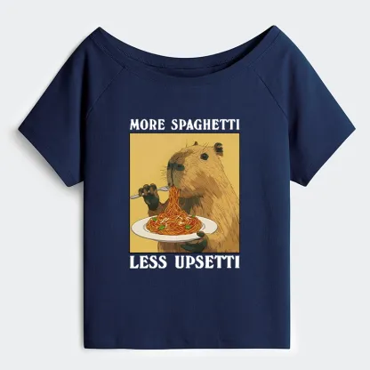 Tokyo-Tiger Capybara Eating Pasta Off Shoulder T-Shirt