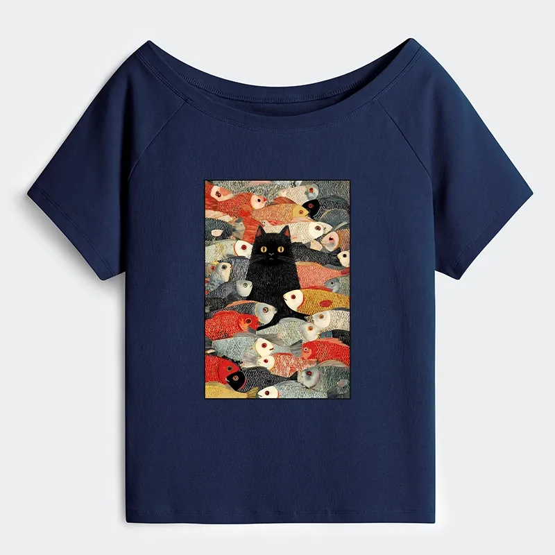 Tokyo-Tiger Cats And Fish Off Shoulder T-Shirt