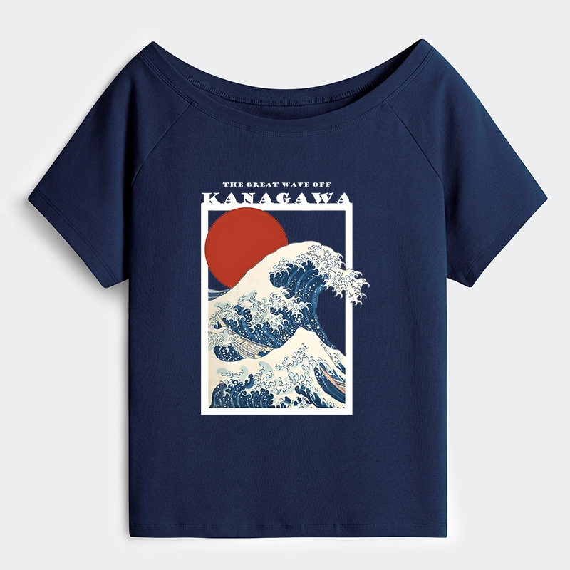 Tokyo-Tiger Minimalist Ukiyo-e Waves Off Shoulder T-Shirt