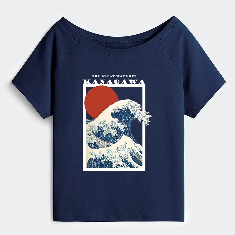 Tokyo-Tiger Minimalist Ukiyo-e Waves Off Shoulder T-Shirt