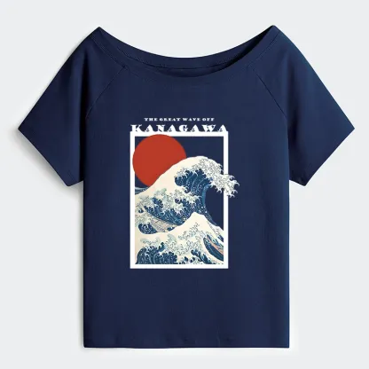Tokyo-Tiger Minimalist Ukiyo-e Waves Off Shoulder T-Shirt