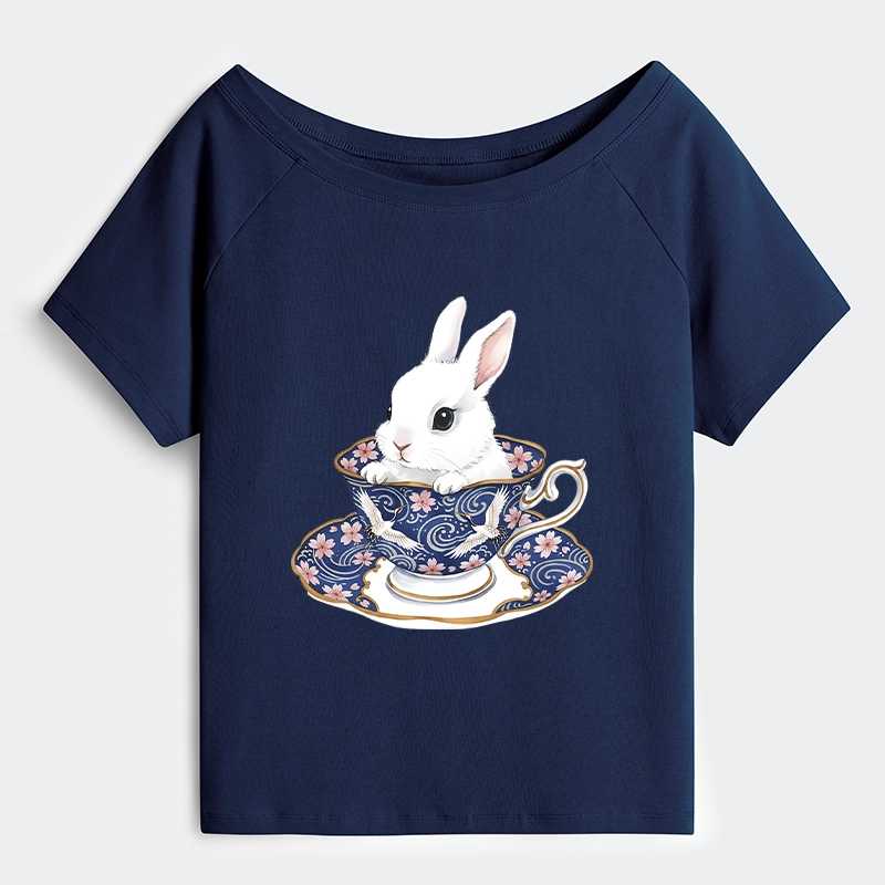 Tokyo-Tiger Cute Rabbit Tea Set Off Shoulder T-Shirt