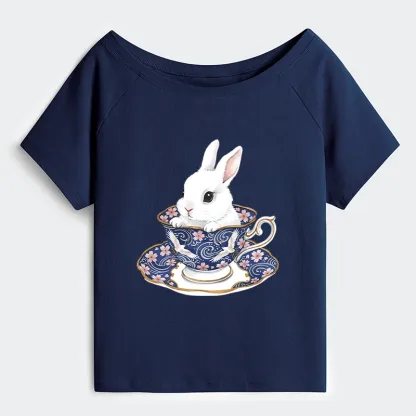Tokyo-Tiger Cute Rabbit Tea Set Off Shoulder T-Shirt