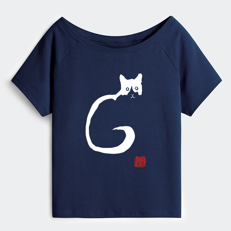 Tokyo-Tiger Calm Cat In Simple Lines Off Shoulder T-Shirt