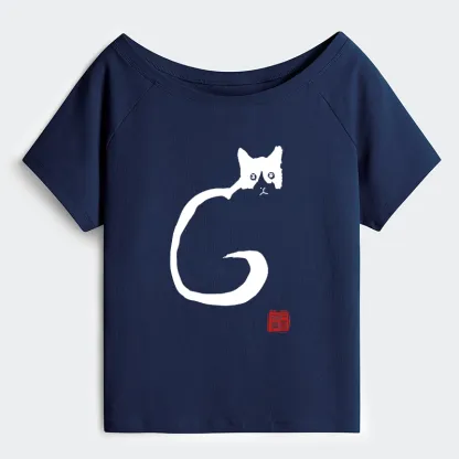 Tokyo-Tiger Calm Cat In Simple Lines Off Shoulder T-Shirt