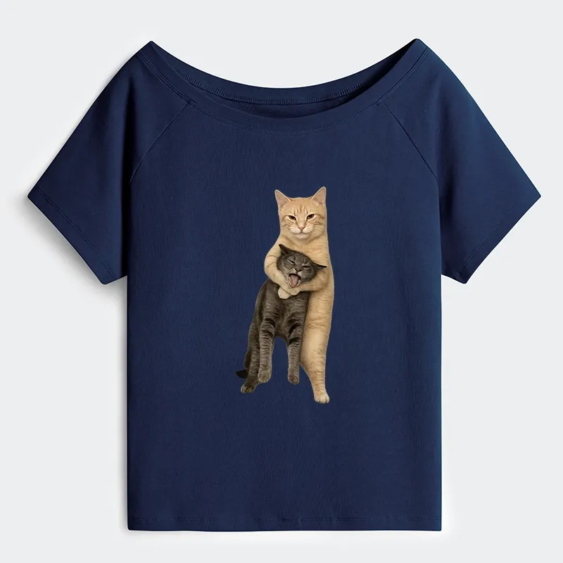 Tokyo-Tiger Orange Cat’s Tight Embrace Off Shoulder T-Shirt